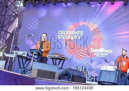 Kyiv, Ukraine - May 12h, 2017: The central fan zone of Eurovision 2017 in Kiev. Guests and residents of the capital are happy and celebrating