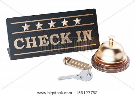 Check in concept hotel key and reception bell 3D rendering isolated on white background