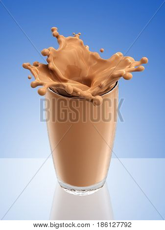 Splash of chocolate milk from the glass .Blue background. 3d rendering