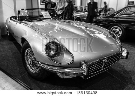 STUTTGART GERMANY - MARCH 02 2017: Sports car Jaguar E-Type Series 3 roadster 1973. Black and white. Europe's greatest classic car exhibition "RETRO CLASSICS"