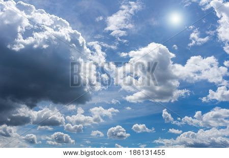 View on beautiful white clouds in a blue sky. Clouds and Skies in the Morning. 
The Sun behind Clouds. Fresh Air. Cloudy Weather. Cloud Formations. White Clouds