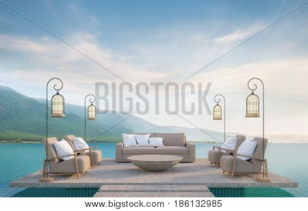 Outdoor living on swimming pool with mountain view 3d rendering image.There are border less swimming pool and surrounding with nature and mountains