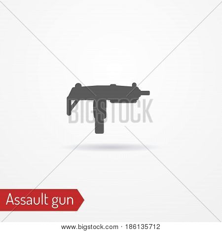 Abstract compact assault firearm. Submachine gun isolated icon in silhouette style with shadow. Typical gangster or criminal weapon. Military vector stock image.