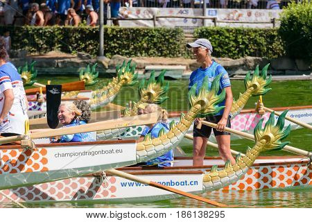 Rome Italy - July 30 2016: Dragon boat crews compete at the european championships held in Italy in 2016 summer
