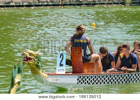 Rome Italy - July 30 2016: Dragon boat crews compete at the european championships held in Italy in 2016 summer in the photo the Spain crew