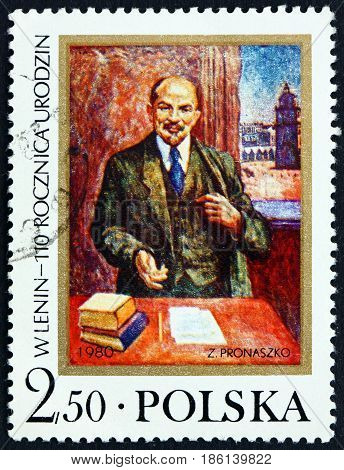POLAND - CIRCA 1980: a stamp printed in Poland shows Vladimir Illyich Lenin Communist and Politician 110th Birth Anniversary circa 1980