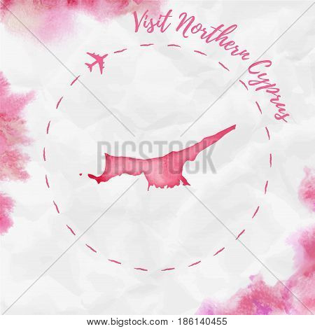 Northern Cyprus Watercolor Map In Red Colors. Visit Northern Cyprus Poster With Airplane Trace And H
