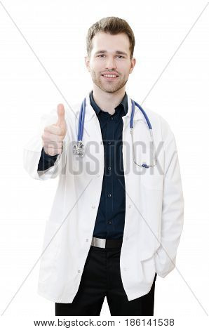 Handsome young doctor in office. Doctor shows thumb up. doctor healthcare young handsome silhouette man office hospital concept