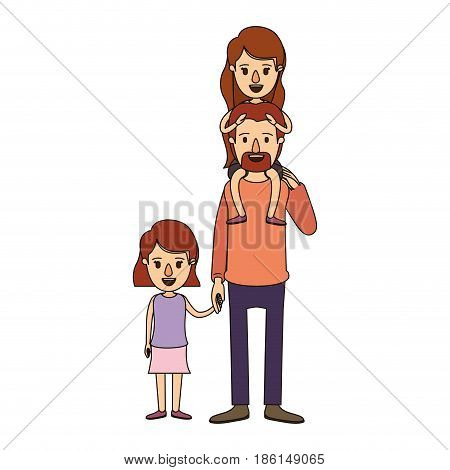 color image caricature dad with daugther on his back and girl taken hands vector illustration