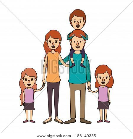 color image caricature big family parents with boy on his back and daugthers taken hands vector illustration