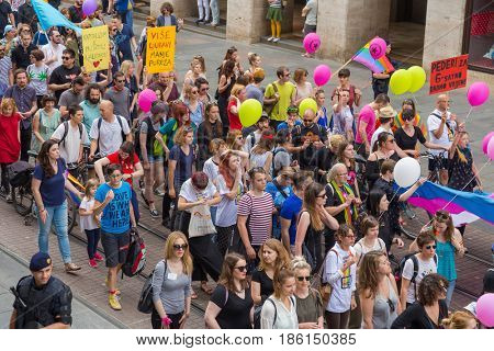 ZAGREB, CROATIA - JUNE 11, 2016: 15th Zagreb pride. LGBTIQ activists on Illica street heading to main square.