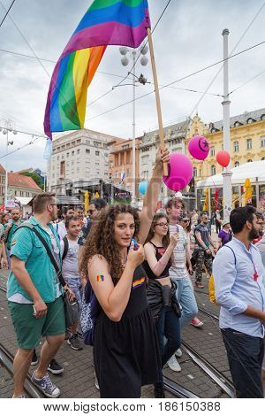 ZAGREB, CROATIA - JUNE 11, 2016: 15th Zagreb pride. LGBTIQ activists on Ban Josip Jelacic square.