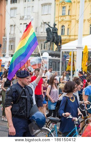 ZAGREB, CROATIA - JUNE 11, 2016: 15th Zagreb pride. LGBTIQ activists on Ban Josip Jelacic square.