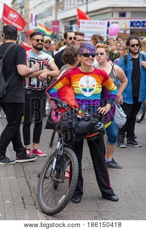 ZAGREB, CROATIA - JUNE 11, 2016: 15th Zagreb pride. LGBTIQ activists on street.