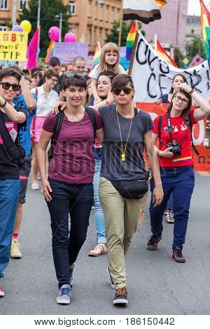 ZAGREB, CROATIA - JUNE 11, 2016: 15th Zagreb pride. LGBTIQ activists on street.
