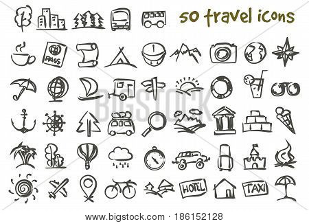 Vector doodle travel icons set. Stock cartoon signs for design.