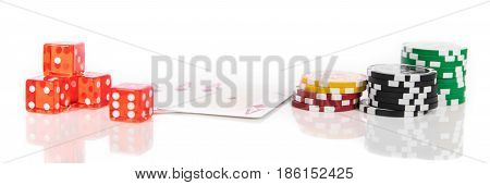 Panorama with dice poker chips and playing cards concept casino and gambling