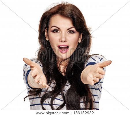 Happy cheerful surprised young woman gesturing with hands