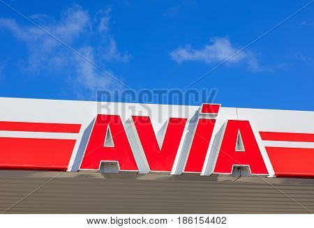 Einsiedeln, Switzerland - 7 September, 2015: sign on the roof of an AVIA filling station. AVIA International is a company, represented by more than 2900 filing stations in 14 European countries.