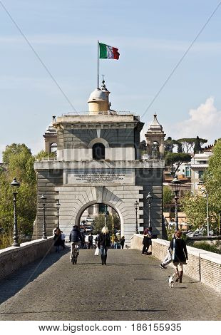 Rome, Italy-12, 2017 : The Tiber river and the Milvio Bridge