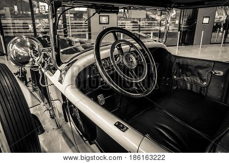 STUTTGART GERMANY - MARCH 02 2017: Cabin of a luxury car Mercedes-Benz 24/100/140 PS Fleetwood D / USA 1924. Sepia toning. Europe's greatest classic car exhibition 