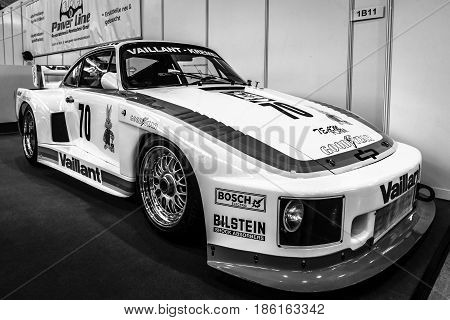 STUTTGART GERMANY - MARCH 02 2017: Racing car Porsche Kremer 935 K2 1978. Black and white. Europe's greatest classic car exhibition "RETRO CLASSICS"