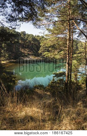 Beautiful Vibrant Landscape Image Of Old Clay Pit Quarry Lake With Unusual Colored Green Water