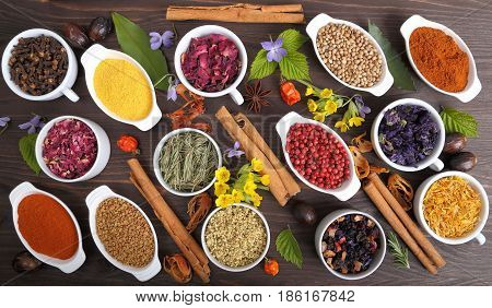 Rose petals and marigold and other herbs for aromatherapy herbal medicine. Spices.