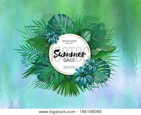 Sale. Round summer sale tropical leaves freme. Tropical flowers, leaves and plants background