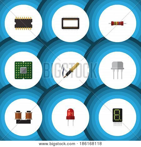 Flat Device Set Of Coil Copper, Resist, Repair And Other Vector Objects. Also Includes Central, Mainframe, Transistor Elements.