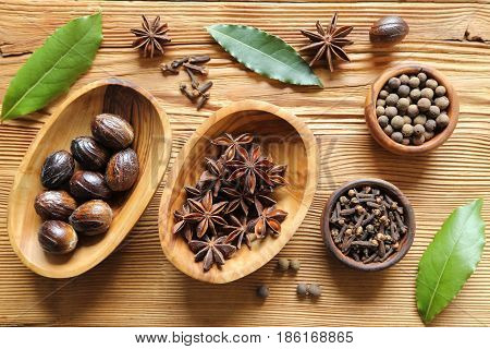 Aromatic spices in brown. Cooking ingradients and natural food additives.