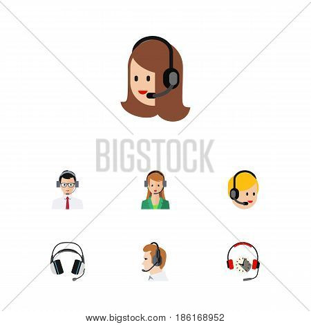 Flat Hotline Set Of Headphone, Help, Secretary And Other Vector Objects. Also Includes Telemarketing, Headset, Operator Elements.