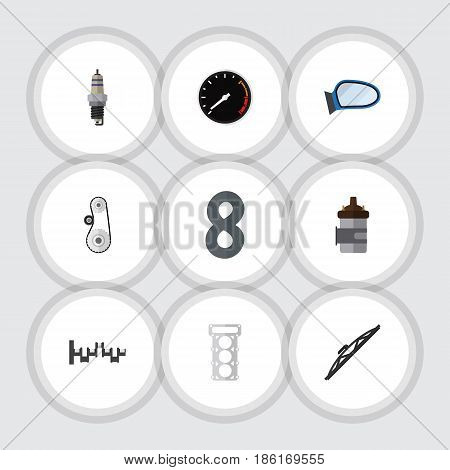 Flat Component Set Of Tachometr, Steels Shafts, Packing And Other Vector Objects. Also Includes Packing, Mirror, Spark Elements.
