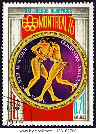 EQUATORIAL GUINEA - CIRCA 1976: a stamp printed in Equatorial Guinea dedicated to 1976 Summer Olympics Montreal circa 1976