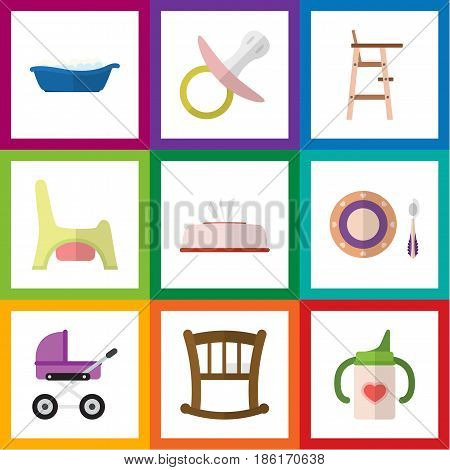 Flat Child Set Of Toilet, Nursing Bottle, Nipple And Other Vector Objects. Also Includes Infant, Nipple, Soothers Elements.