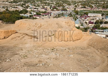 Ruins of the Fortress Nur and top view of Nurata town Uzbekistan