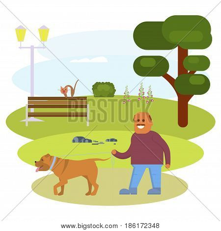 Man walking with Dog in the Park. Flat Cartoon Character. Colorful Vector Illustration eps 10