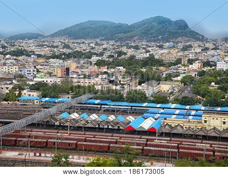 Aerial view of Vijayawada city in India, August 29,2012 in Vijayawada, India.The Andhra Pradesh state government would make a new capital city for the truncated state in the areas around Vijayawada