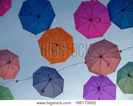 umbrellas bottom view street art. urban decoration.