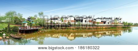 Chinese village of Huizhou architecture summer lake.
