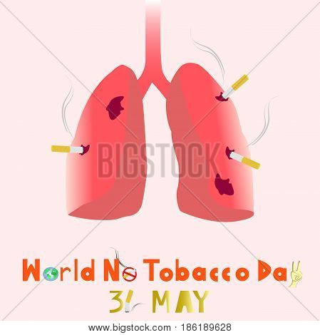 World No Tobacco Day with pink background. 31 MAY all year. Lungs destroyed by tobacco. PLEASE QUIT for safe your lungs!.vector. illustration. graphic design.
