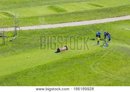 People Playing Soccergolf Aerial View, Editorial