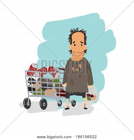 Homeless. Shaggy man in dirty rags and with a bag in his hand with shopping cart. Vector illustration