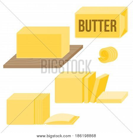 Butter in various types, icons, such as curl, bar, slice and on wooden board, flat design vector