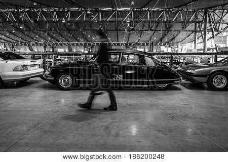STUTTGART GERMANY - MARCH 02 2017: Mid-size luxury car Citroen DS23 Pallas 1973. Black and white. Europe's greatest classic car exhibition 