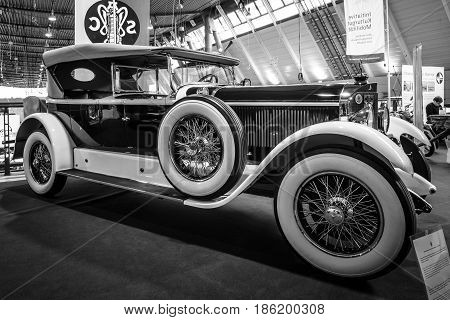STUTTGART GERMANY - MARCH 02 2017: Luxury car Mercedes-Benz 24/100/140 PS Fleetwood D / USA 1924. Black and white. Europe's greatest classic car exhibition 
