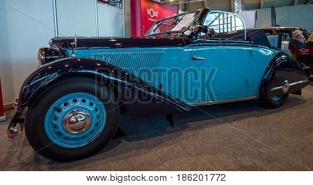 STUTTGART GERMANY - MARCH 02 2017: Vintage car Adler Trumpf Junior 1E Sports Cabriolet 1938. Europe's greatest classic car exhibition 