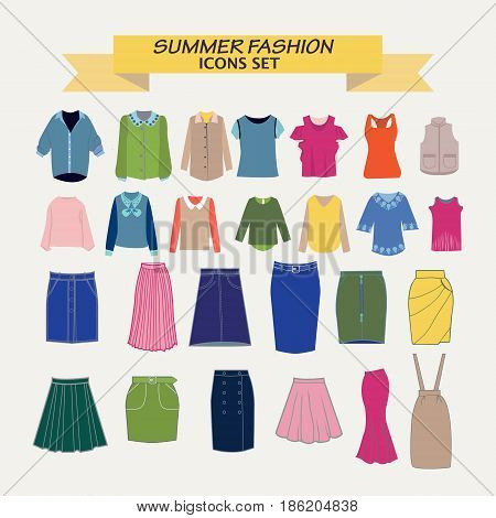 vector collection of shirts blouses and skirts icons set of female fashion trendy women's clothes.