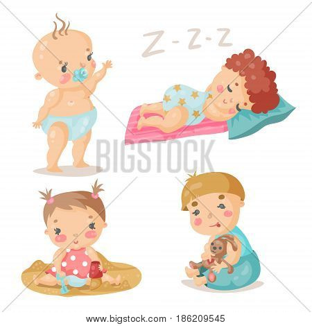 Kids cute babies in different situations. Colorful vector. The baby is sleeping, playing in the sandbox and the toddler sits with a toy