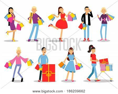Shopping people vector concepts. Flat design set. Collection of smiling women and man characters with gift boxes, paper bags and trolley with goods. Pleasure of purchase. For sales and discounts